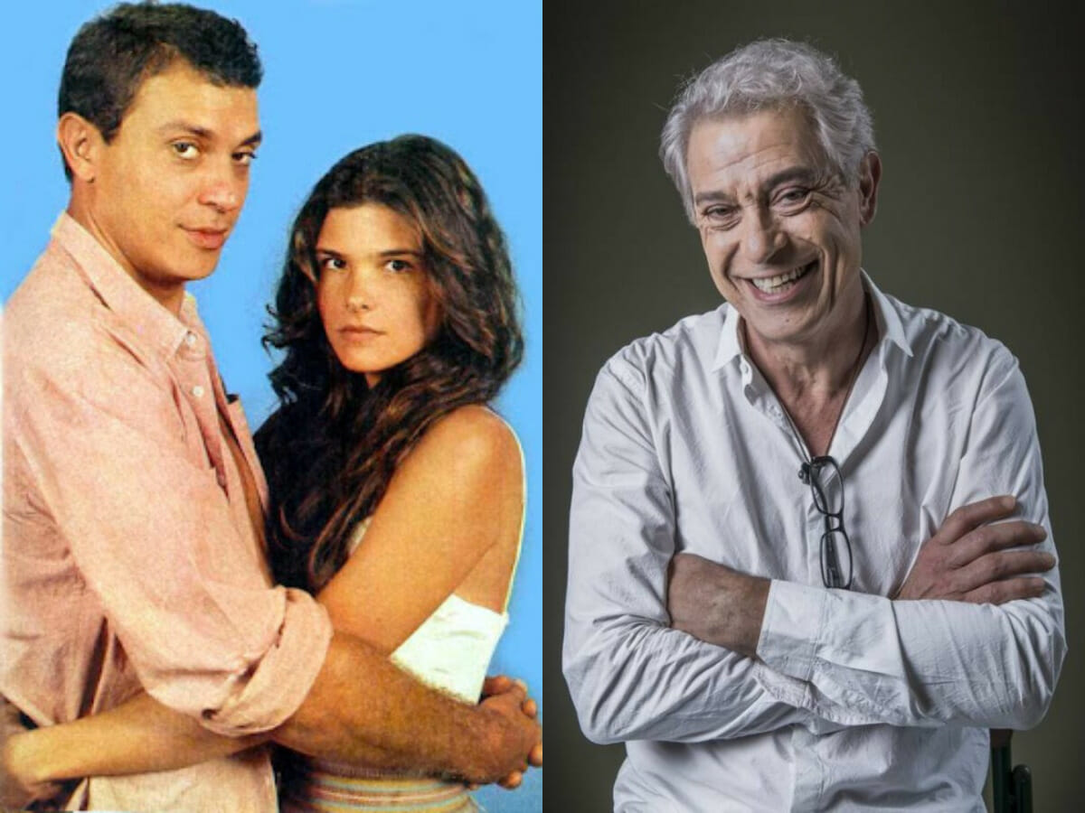 Paulo Gorgulho como Zé Lucas em 1990 ao lado de Cristiana Oliveira, a Juma de Pantanal; à direita, Gorgulho atualmente
