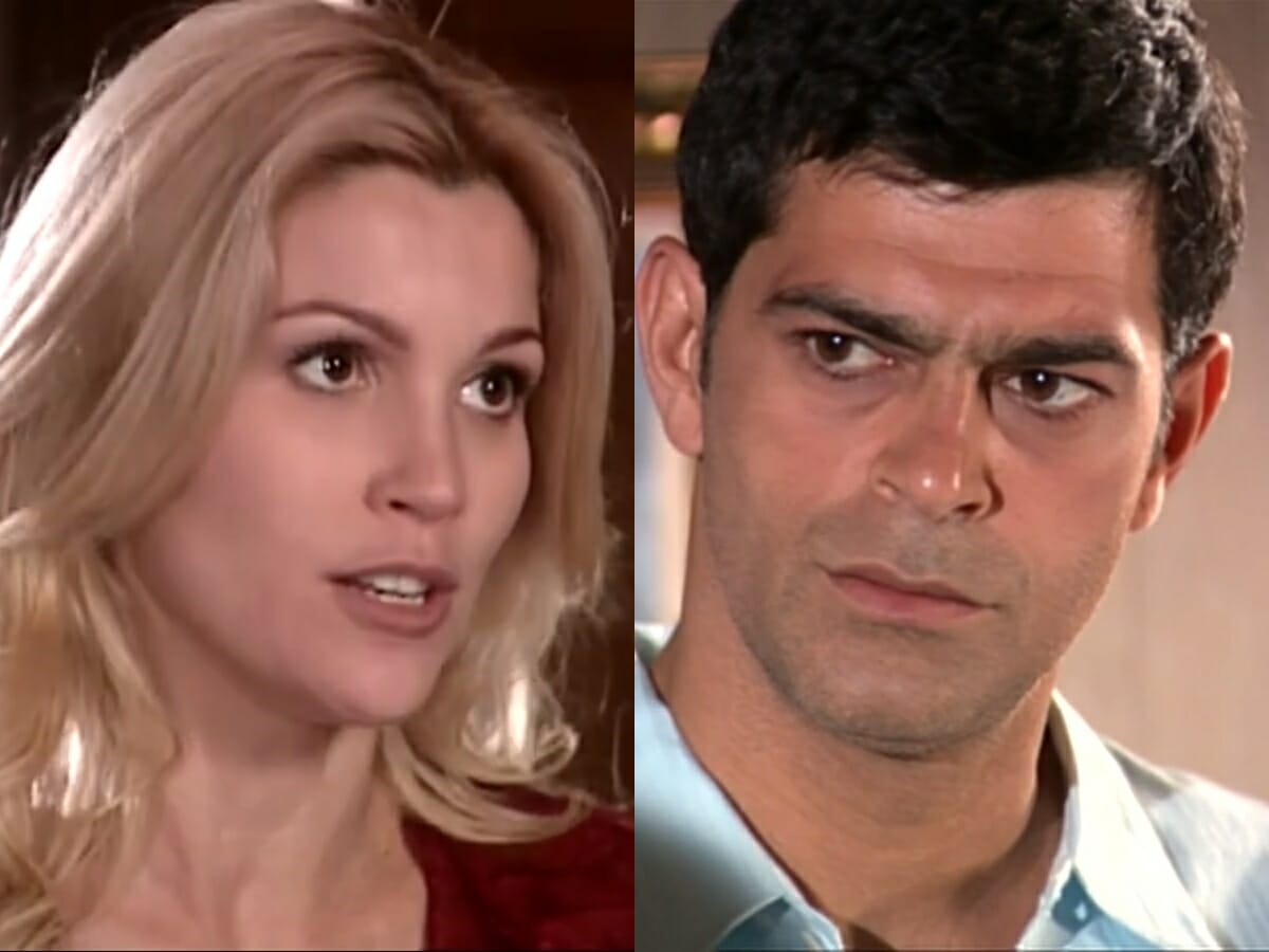 Cristina (Flávia Alessandra) e Rafael (Eduardo Moscovis) de Alma Gêmea