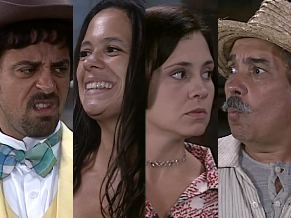 Januário (Taumaturgo Ferreira), Lindinha (Vanessa Gerbelli), Catarina (Adriana Esteves) e Calixto (Pedro Paulo Rangel) de O Cravo e a Rosa