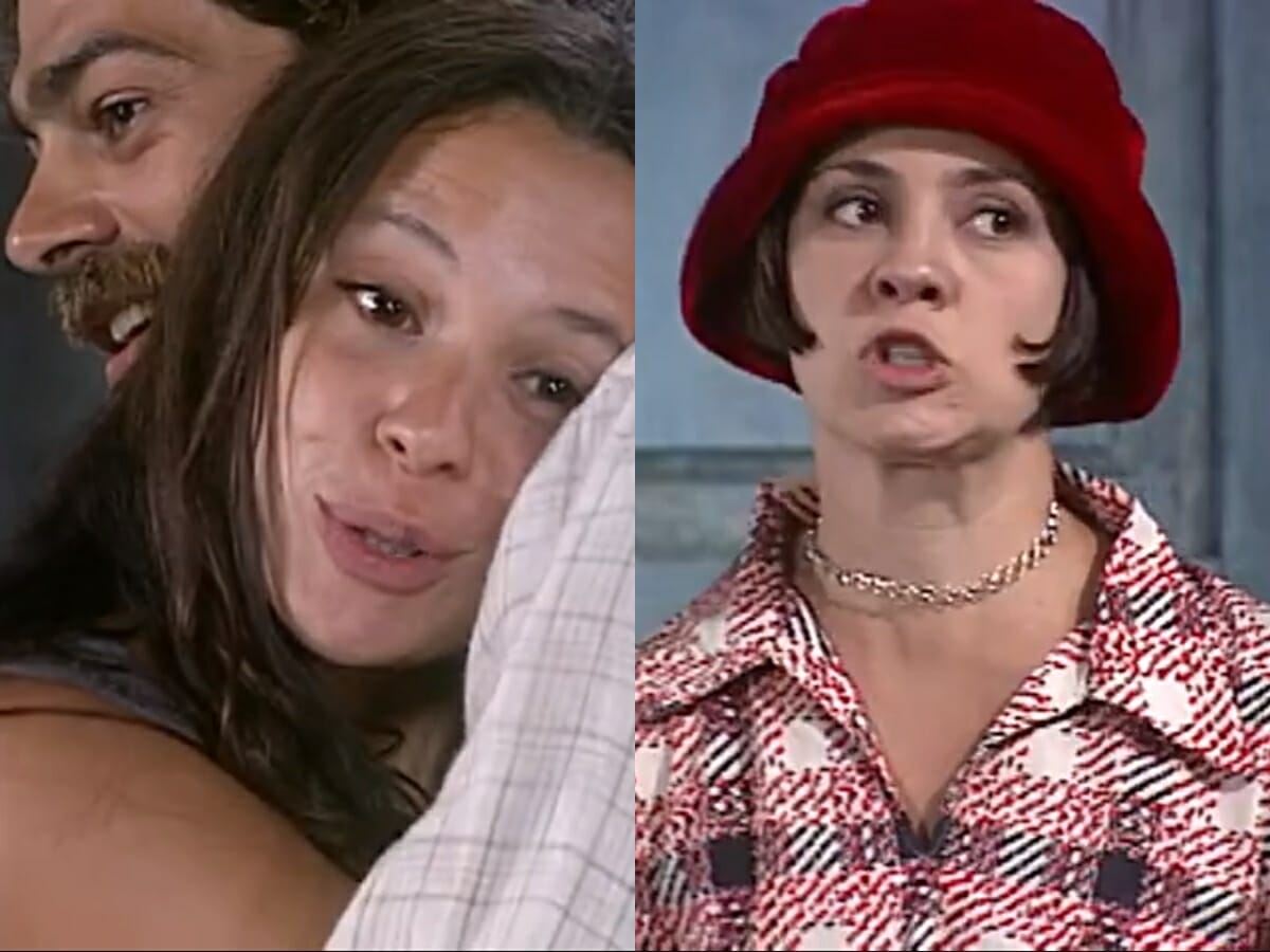 Petruchio (Eduardo Moscovis), Lindinha (Vanessa Gerbelli) e Catarina (Adriana Esteves) de O Cravo e a Rosa