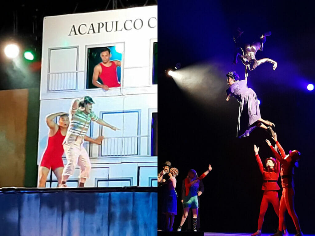 Em Chaves – uma aventura no circo, Chaves recria cena icônica de Acapulco; à direita, Bruxa do 71 "voa" em trapézio