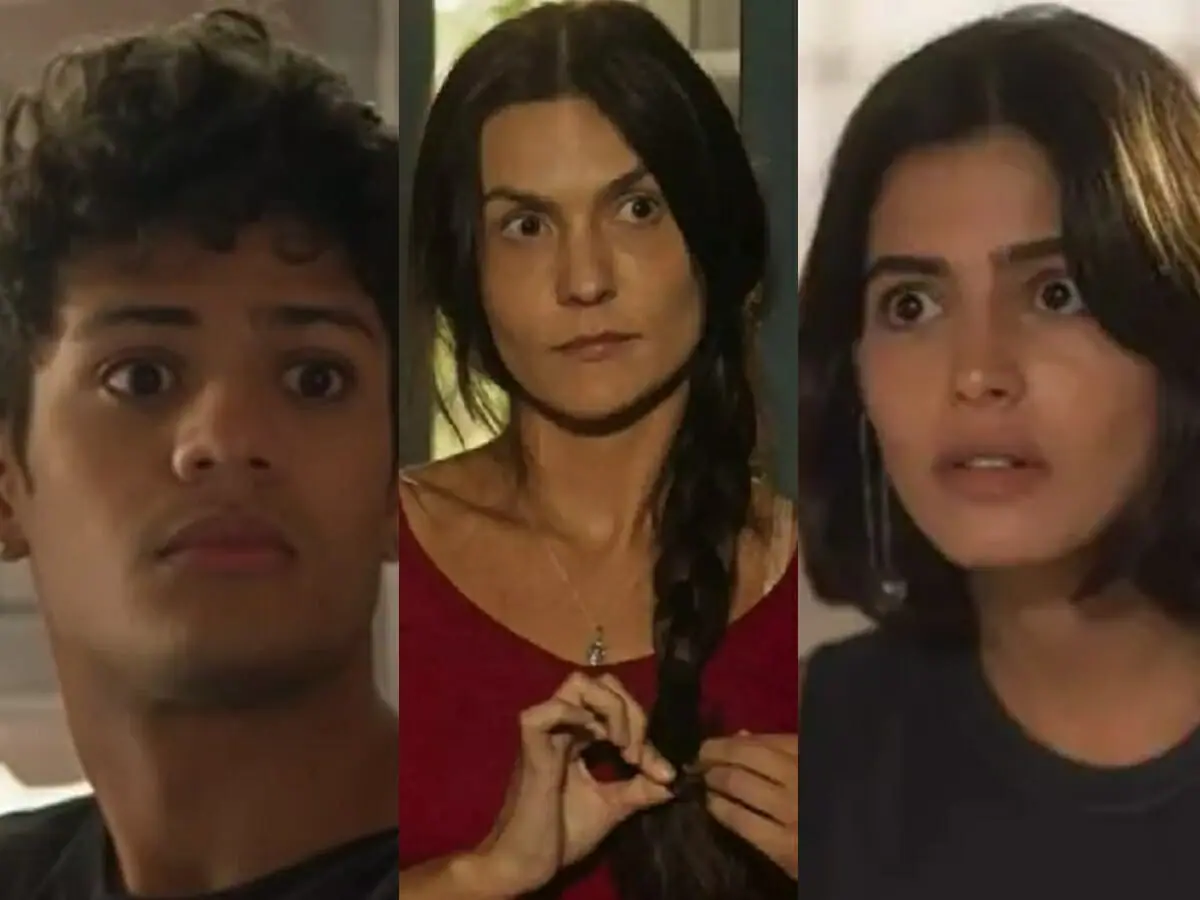 Renato (Gabriel Santana), Zefa (Paula Barbosa) e Guta (Julia Dalavia) de Pantanal