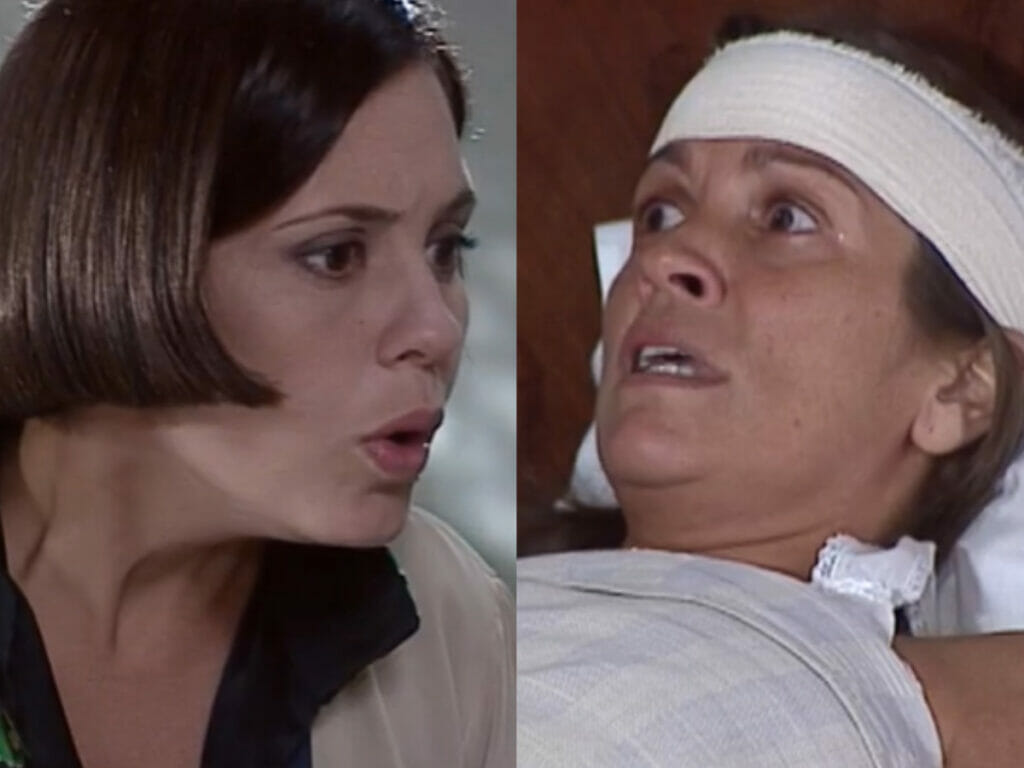 Catarina (Adriana Esteves) e Joana (Tássia Camargo) em O Cravo e a Rosa