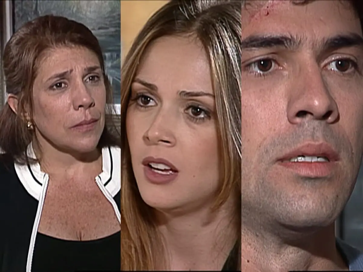 Fátima (Tânia Bondezan), Patrícia (Fabiana Alvarez) e José Armando (Cláudio Lins) de Esmeralda