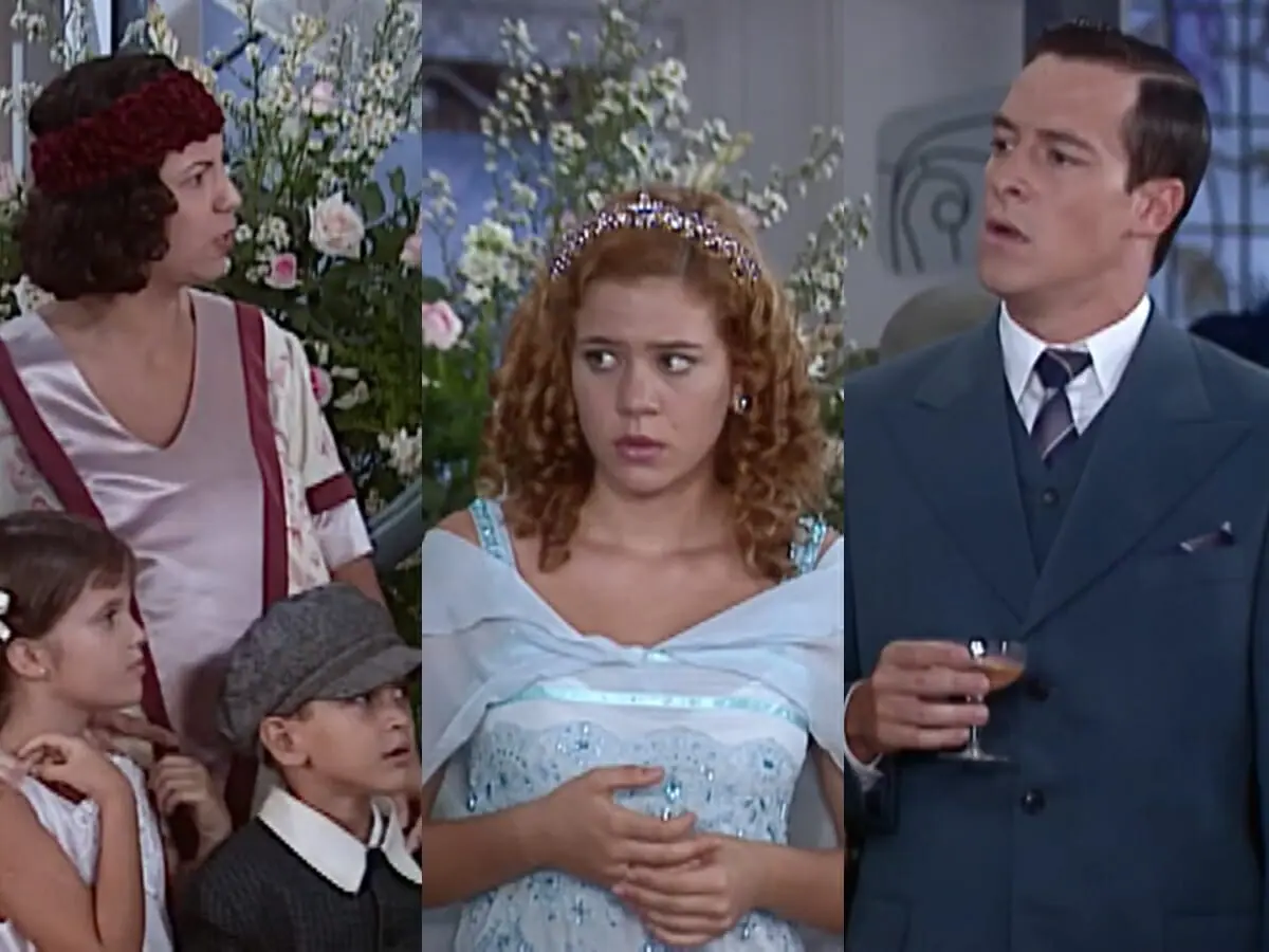 Lourdes (Carla Daniel), Bianca (Leandra Leal) e Heitor (Rodrigo Faro) de O Cravo e a Rosa