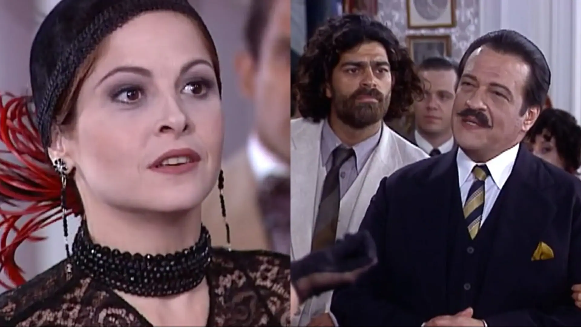 Marcela (Drica Moraes), Petruchio (Eduardo Moscovis) e Batista (Luis Melo) de O Cravo e a Rosa
