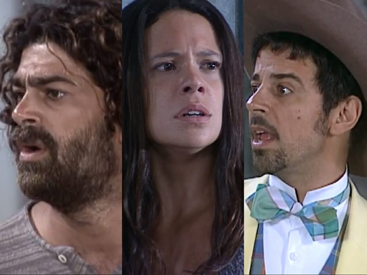 Petruchio (Eduardo Moscovis), Lindinha (Vanessa Gerbelli) e Januário (Taumaturgo Ferreira) de O Cravo e a Rosa