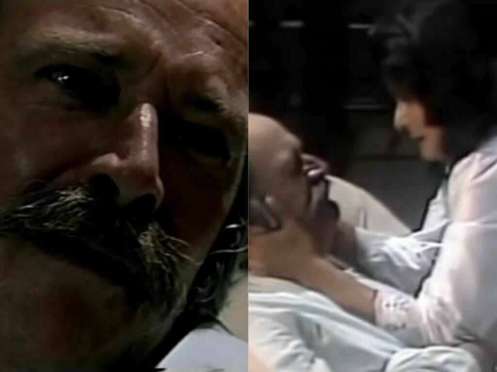 Claudio Marzo como José Leôncio em 1990; ao lado, personagem morto encontrado por Filó (Jussara Freire) em Pantanal