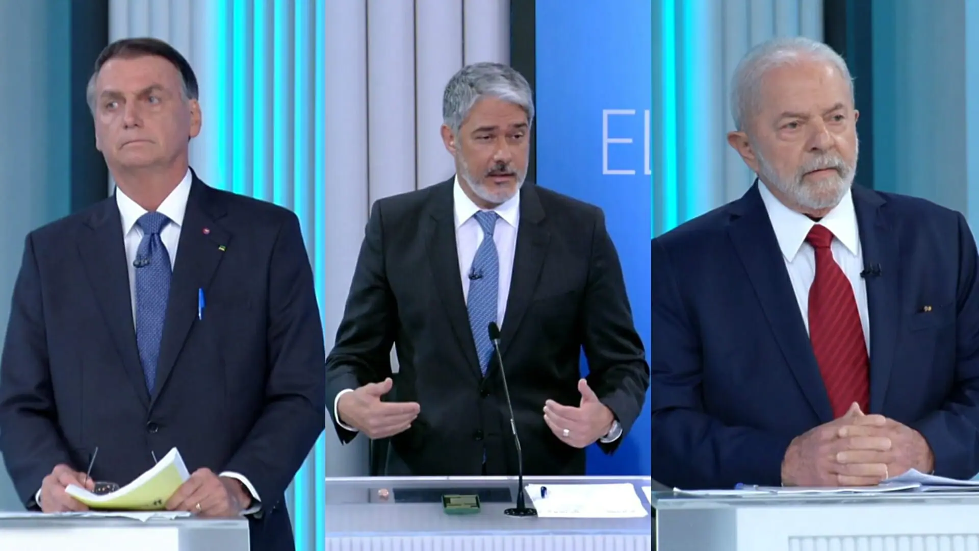 Jair Bolsonaro, William Bonner e Lula em debate da Globo