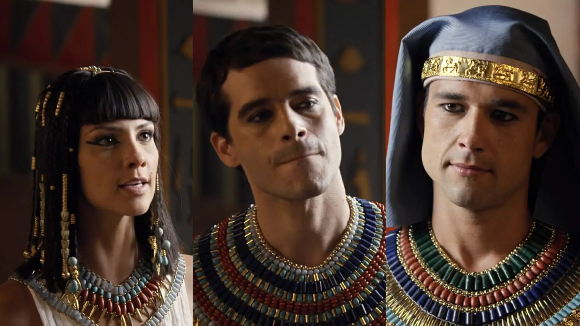 Nefertari (Camila Rodrigues), Moisés (Guilherme Winter) e Ramsés (Sergio Marone) de Os Dez Mandamentos