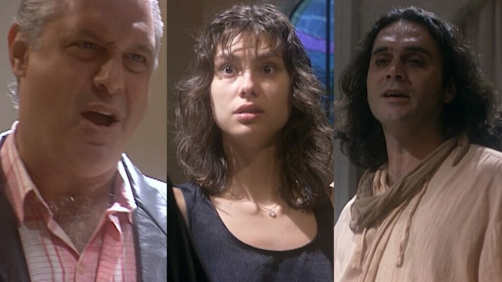 Bruno (Antonio Fagundes), Lia (Lavínia Vlasak) e Aparício (Almir Sater) de O Rei do Gado