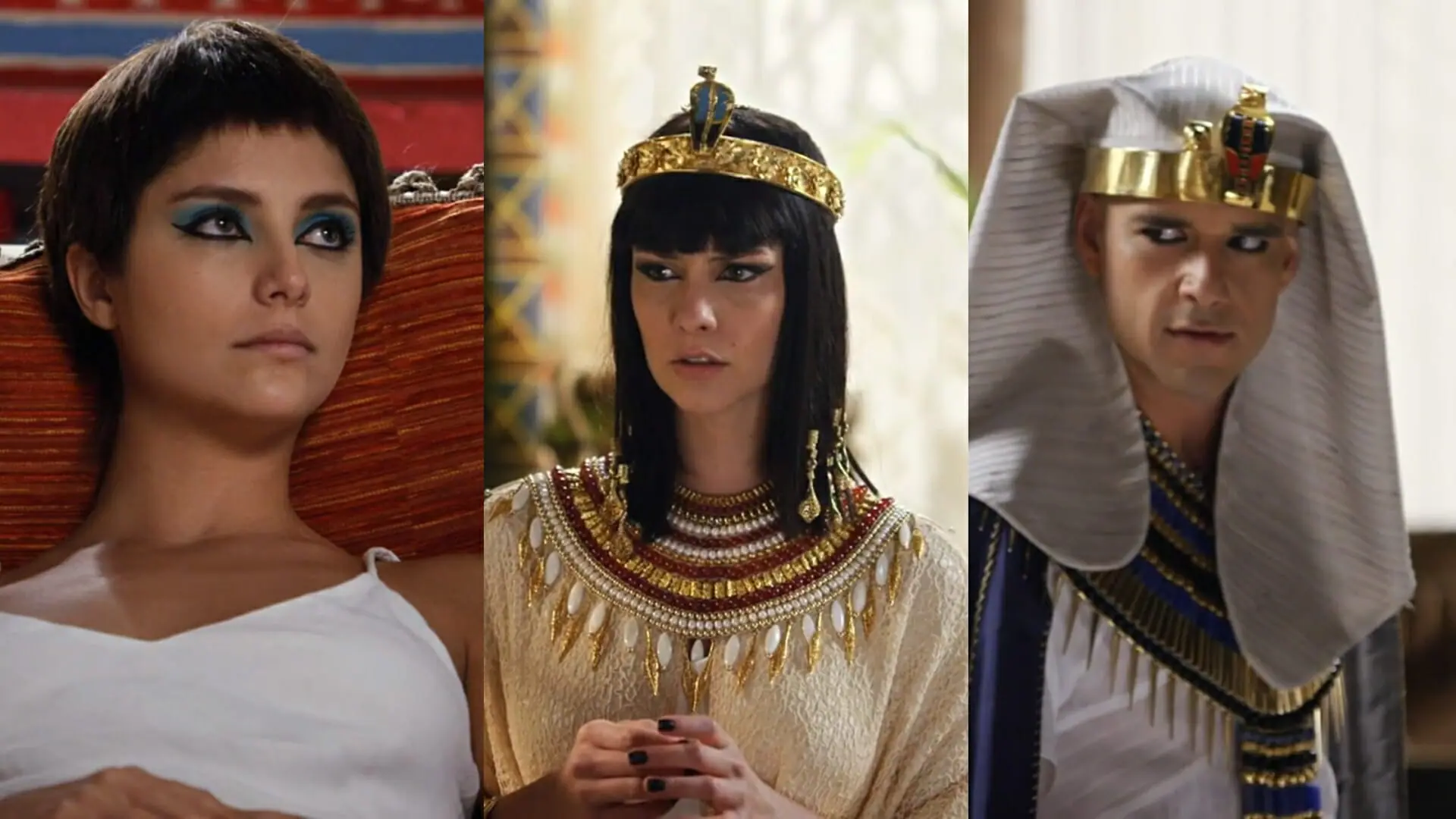 Ana (Tammy di Calafiori), Nefertari (Camila Rodrigues) e Ramsés (Sergio Marone) de Os Dez Mandamentos