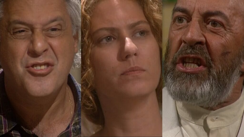 Bruno (Antonio Fagundes), Luana (Patrícia Pillar) e Geremias (Raul Cortez) de O Rei do Gado