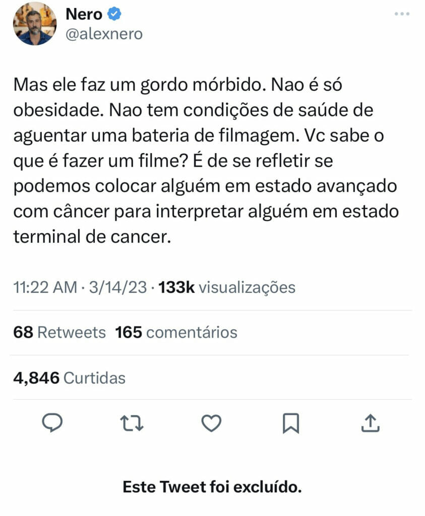 Alexandre Nero apagou tweet gordofóbico sobre o filme A Baleia