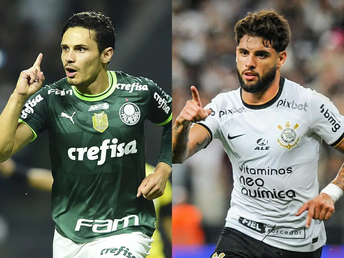 Raphael Veiga, meia do Palmeiras, e Yuri Alberto, atacante do Corinthians