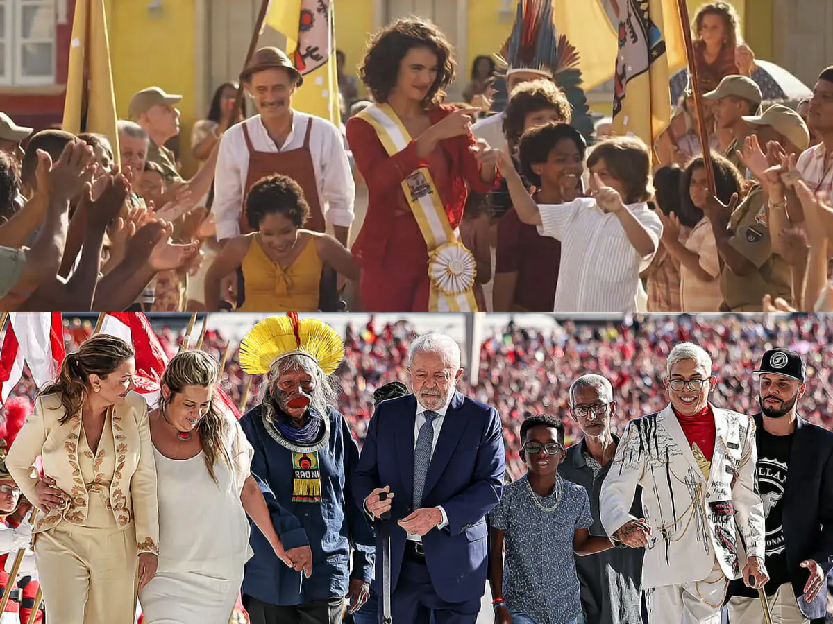 Montagem comparando a posse de Xaviera em Mar do Sertão e a posse presidencial de Lula
