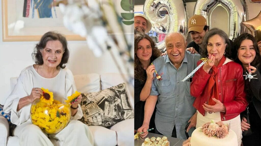 Rosamaria Murtinho atualmente e ao lado, comemorando seus 90 anos