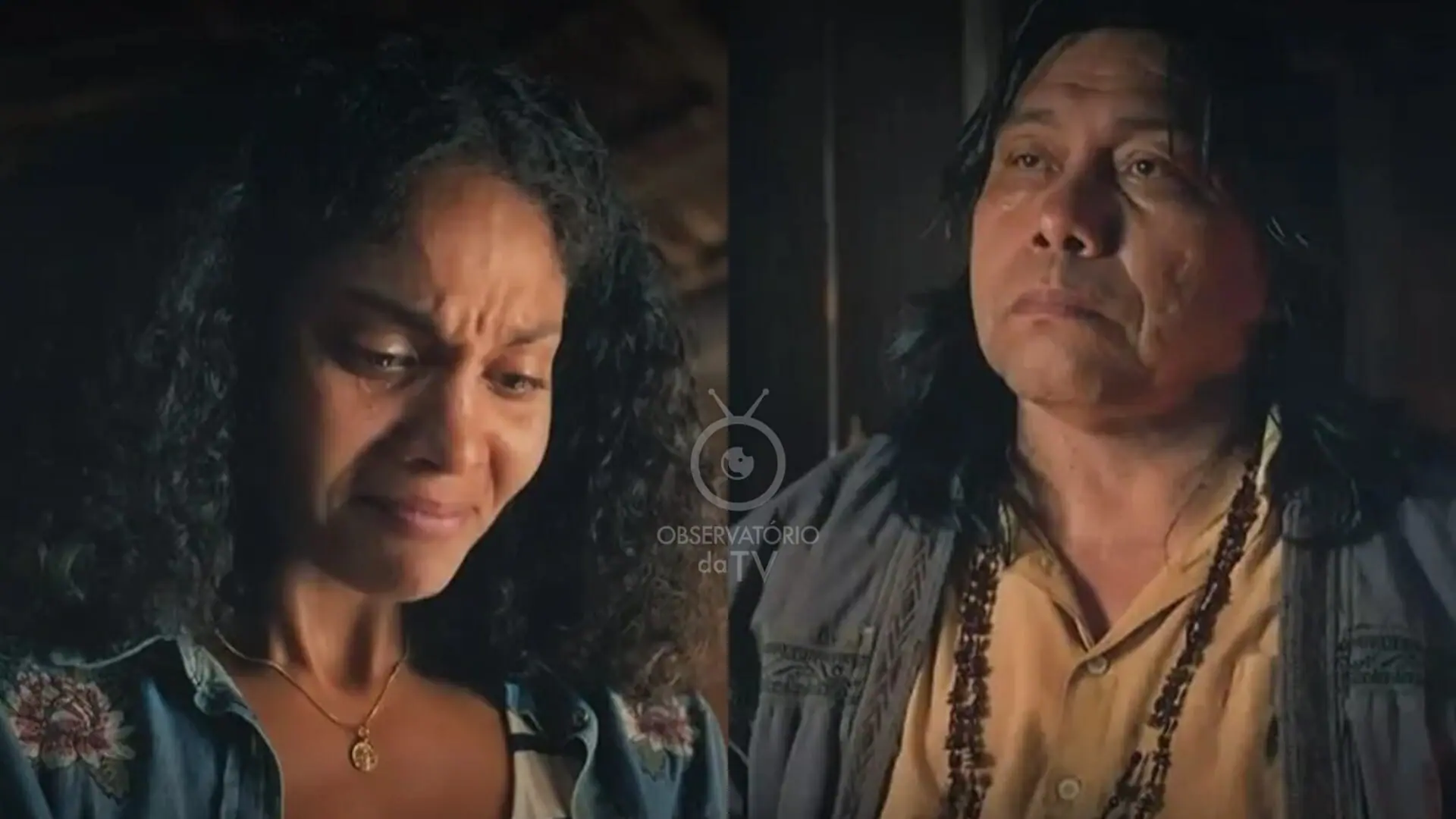 Aline (Barbara Reis) e Jurecê (Daniel Munduruku) de Terra e Paixão