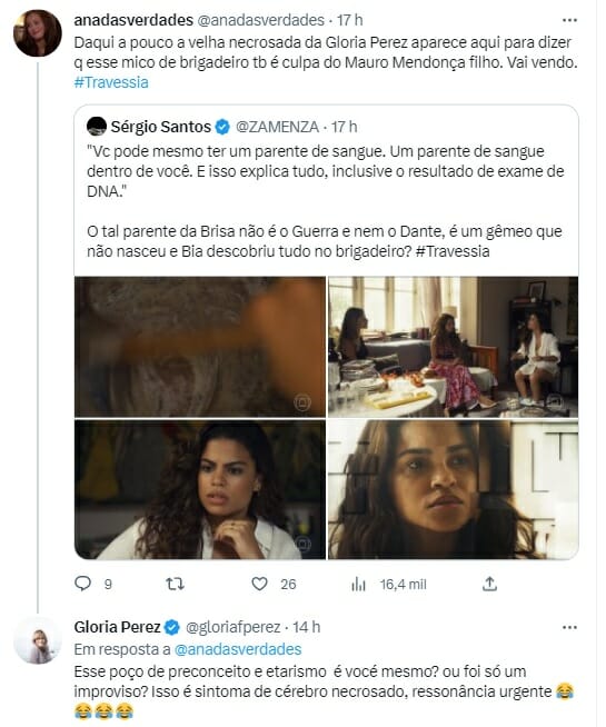 Gloria Perez rebate internauta que a ofendeu e criticou cena de Travessia