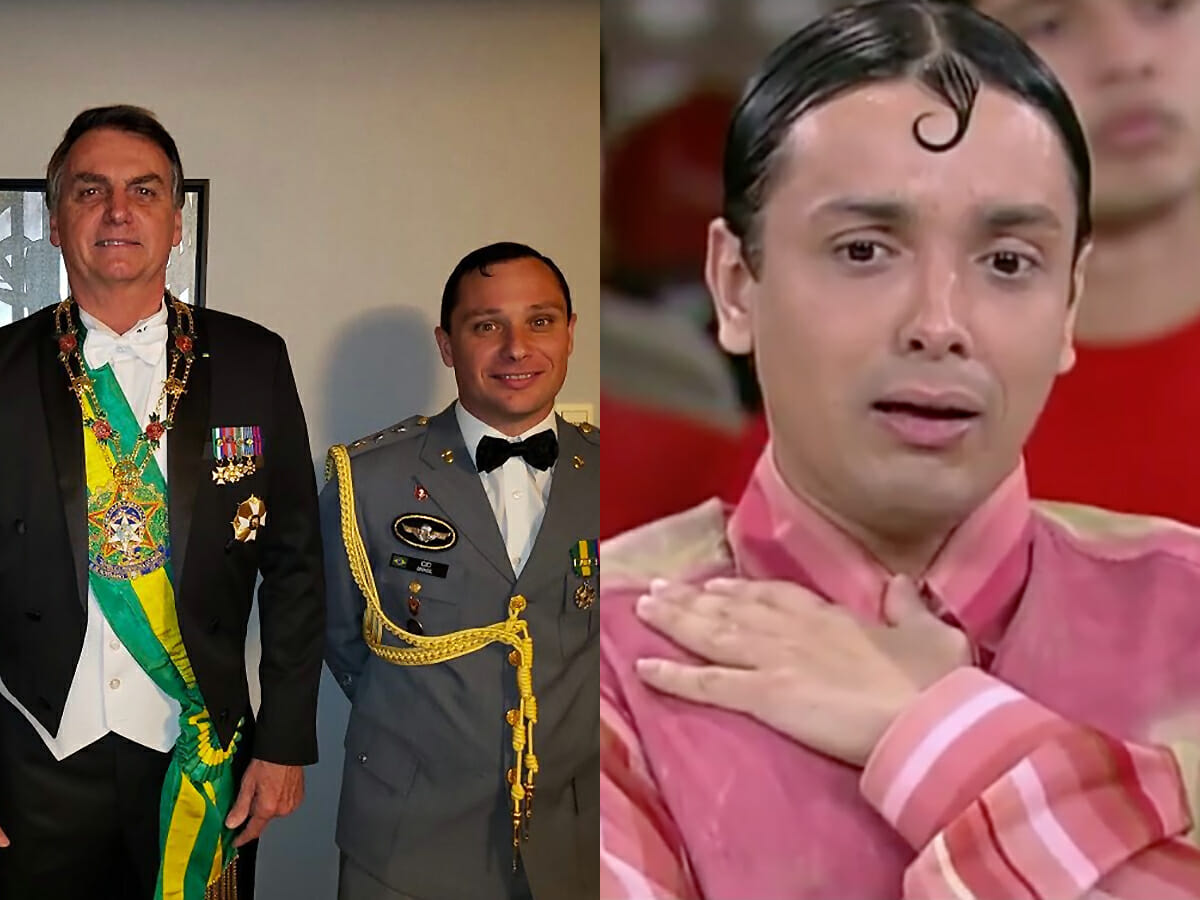 À esquerda, Jair Bolsonaro e Mauro Cid; à direita, Rodrigo Fagundes como Patrick