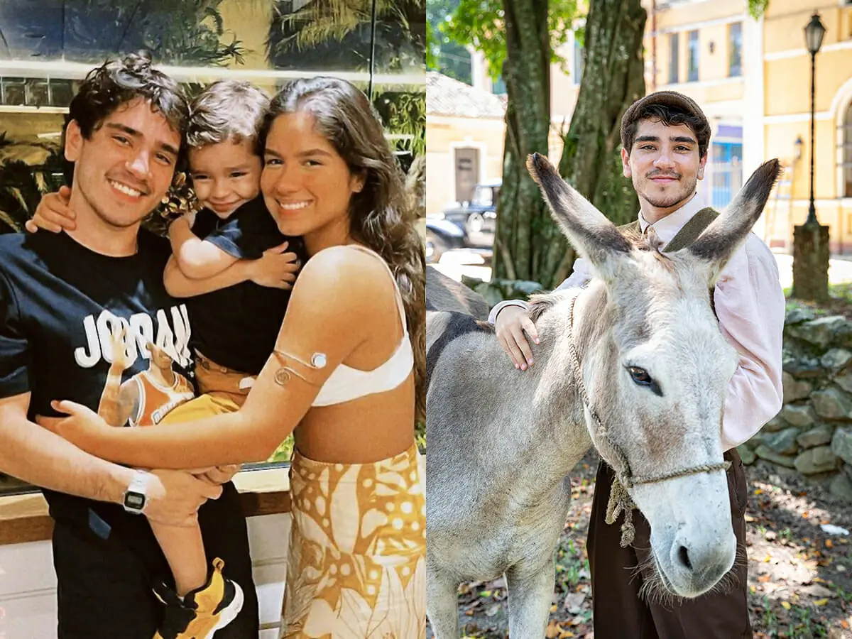 À esquerda, João Fernandes com o filho, Nicolas, e a namorada, Ketelyn Menezes; à direita, o ator, como Justino, abraça a intérprete do burro Mindim em Amor Perfeito