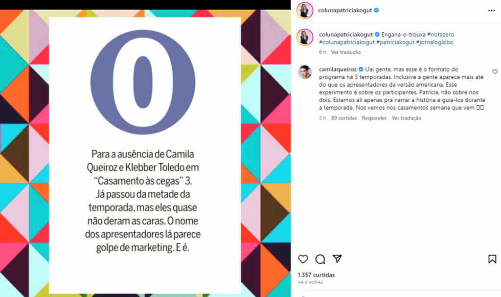 Camila Queiroz comentou no Instagram crítica de Patrícia Kogut