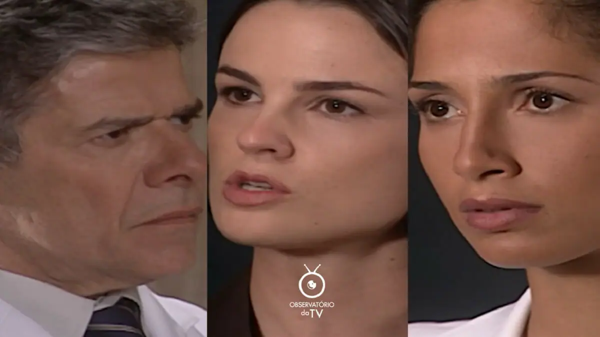 César (José Mayer), Laura (Carolina Kasting) e Luciana (Camila Pitanga) em Mulheres Apaixonadas