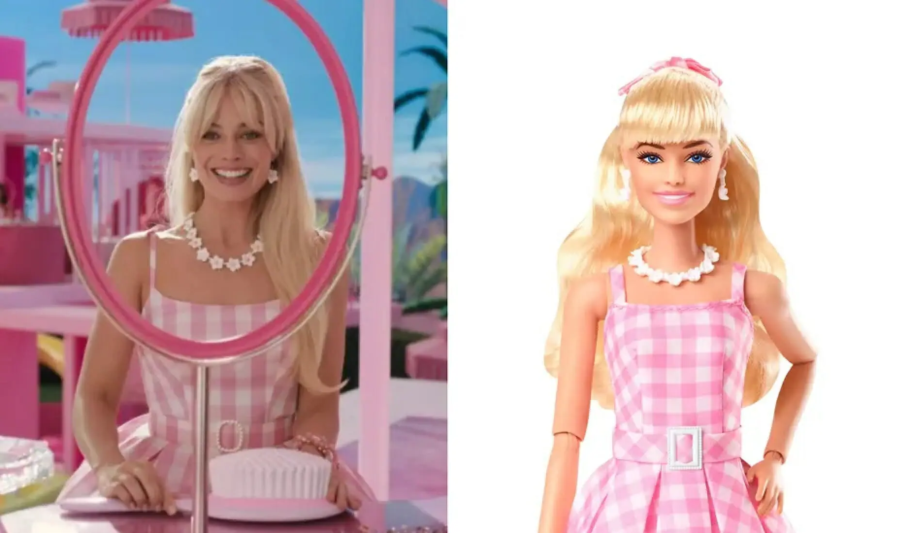 A atriz Margot Robbie como Barbie (à esquerda) e a versão clássica da boneca (à direita)