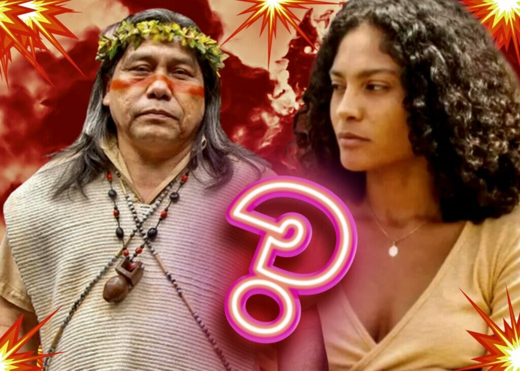 Jurecê (Daniel Munduruku) e Aline (barbara Reis) em Terra e Paixão
