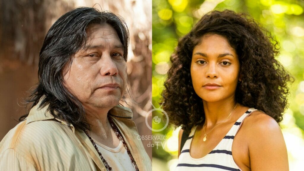 Jurecê (Daniel Munduruku) e Aline (Barbara Reis) em Terra e Paixão