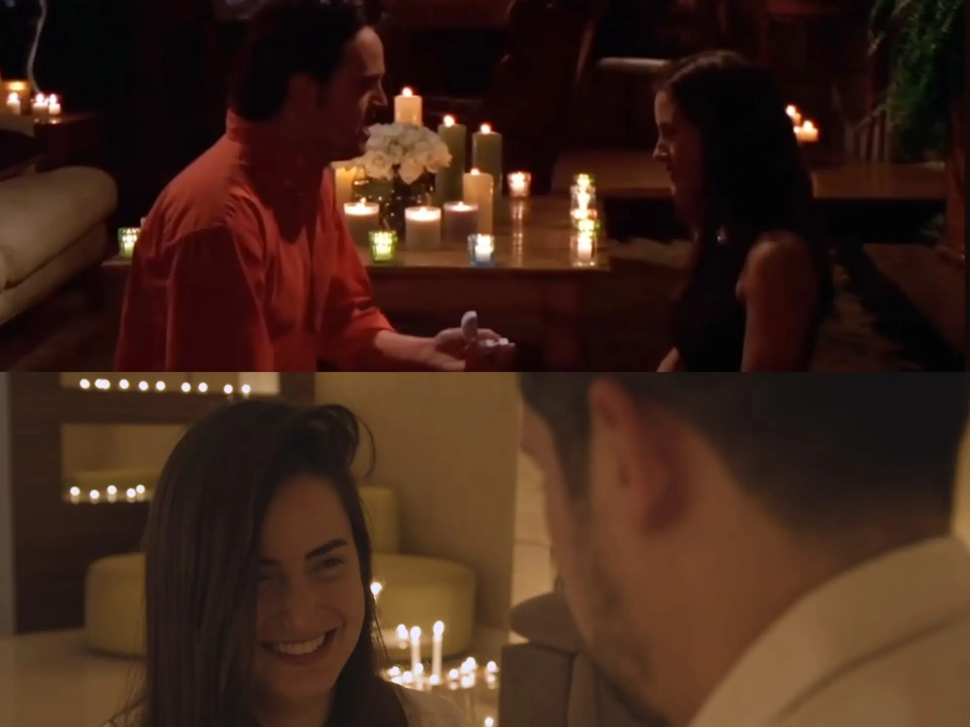 Acima, Chandler (Matthew Perry) pede Monica (Courteney Cox) em casamento, em Friends; abaixo, Phelipe Siani reproduz cena de série para pedir Mari Palma em casamento