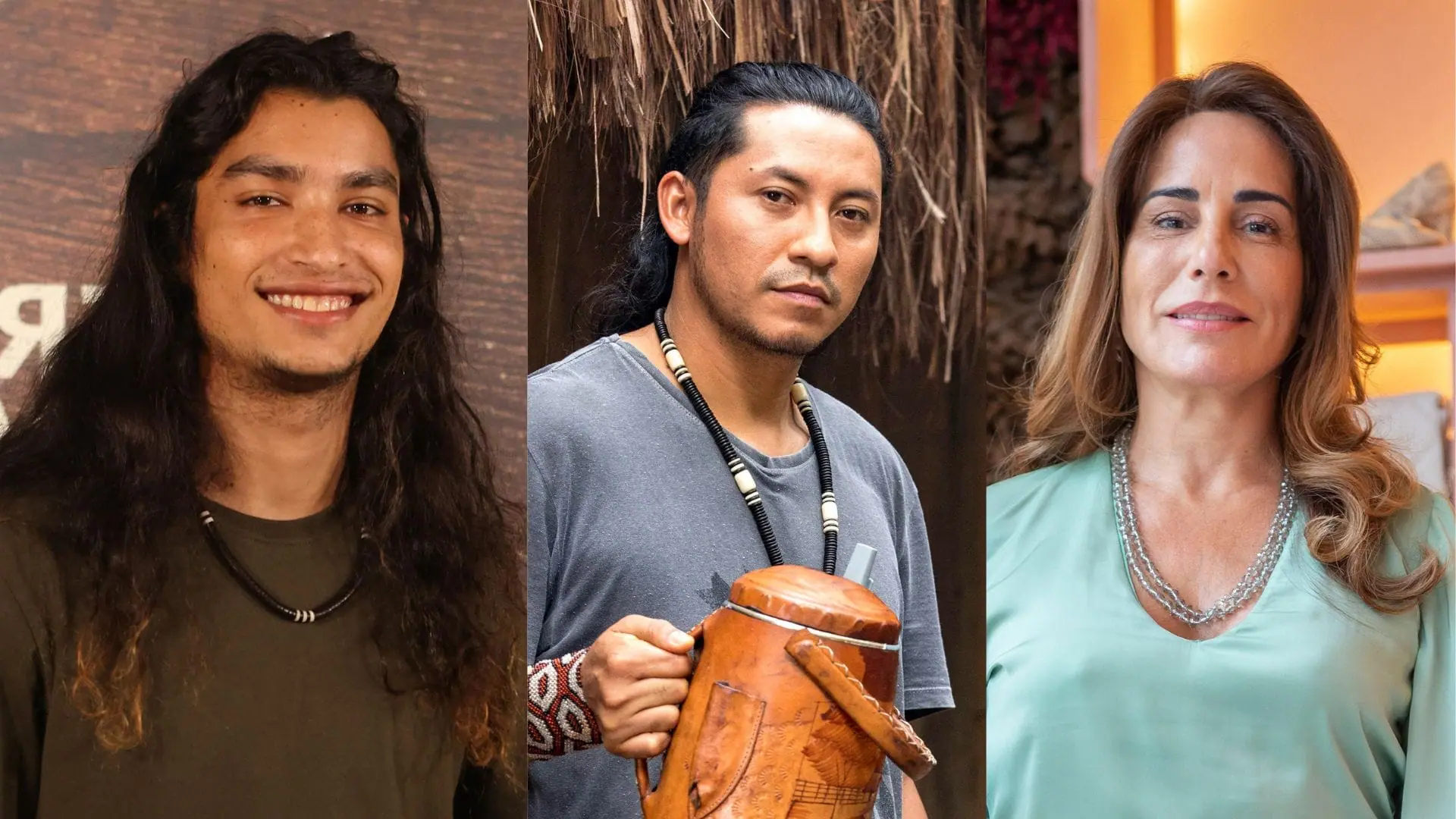 Raoni (Mapu Huni Kui), Rudá (João Vitor da Silva) e Irene (Gloria Pires) em Terra e Paixão