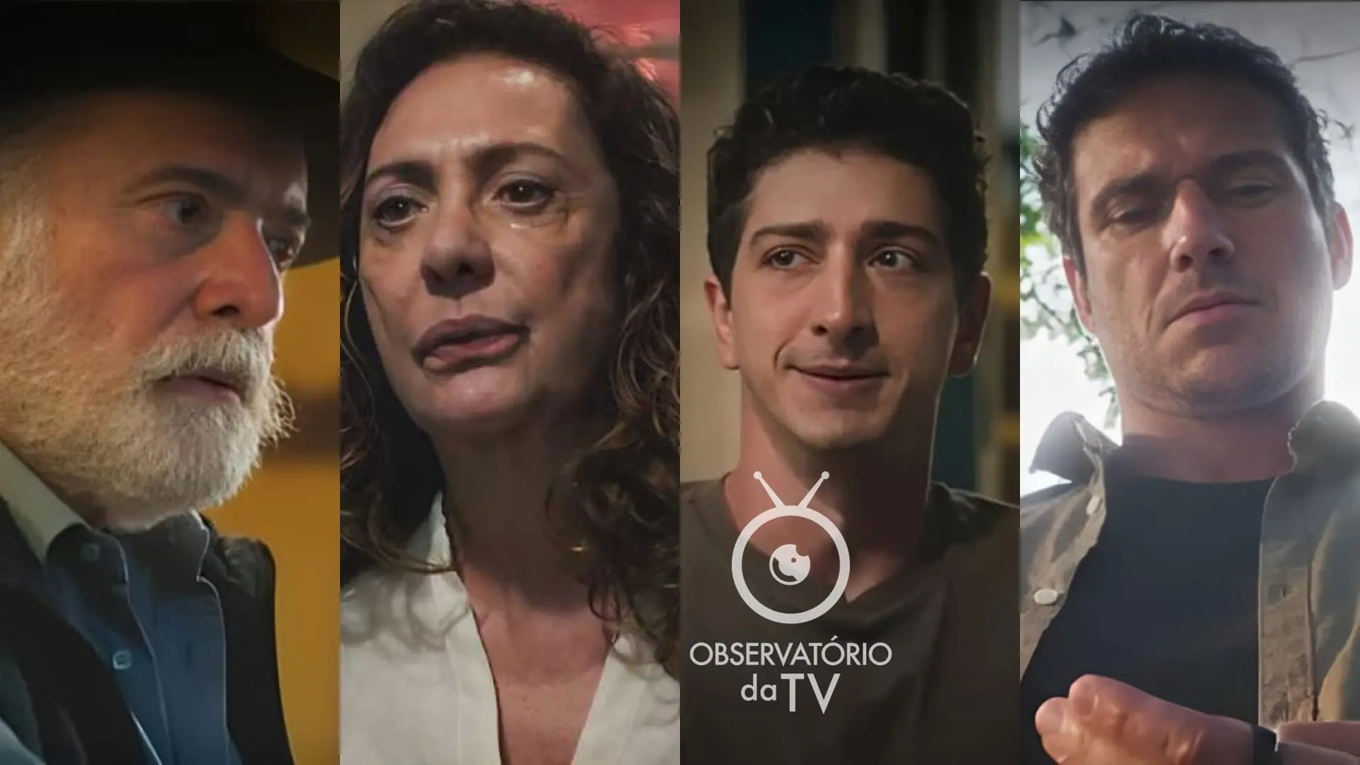 Antônio (Tony Ramos), Agatha (Eliane Giardini), Daniel (Johnny Massaro) e Vinícius (Paulo Rocha) de Terra e Paixão
