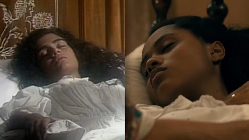 Patrícia França e Duda Santos em cena de Maria Santa morrendo em 1993 e no remake Foto Globo