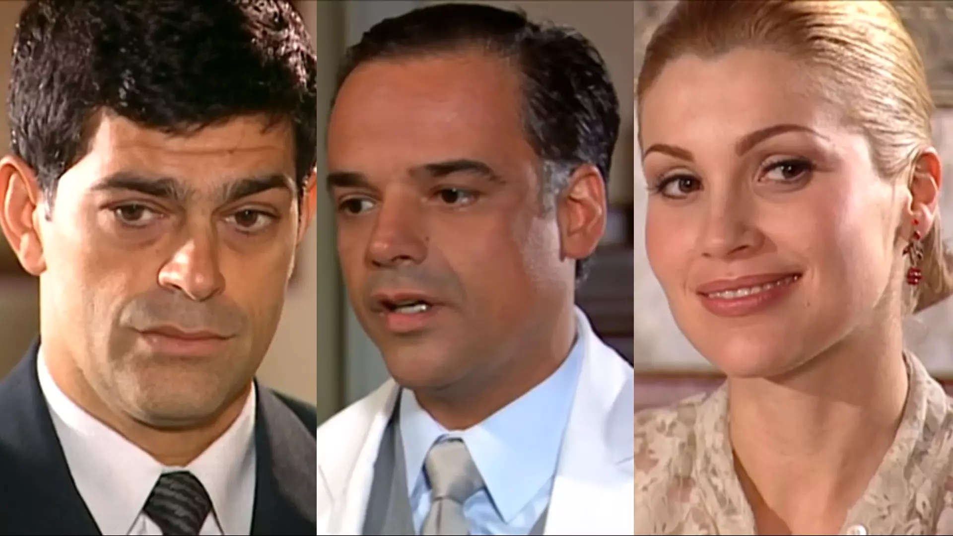 Rafael (Eduardo Moscovis), Eduardo (Ângelo Antônio) e Cristina (Flávia Alessandra) de Alma Gêmea